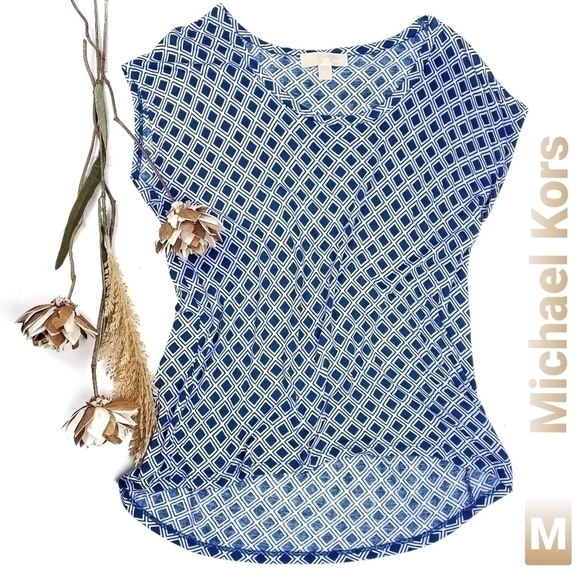 🔴 Michael Kors 100% Viscose Blue Patterned Top M - Picture 1 of 11